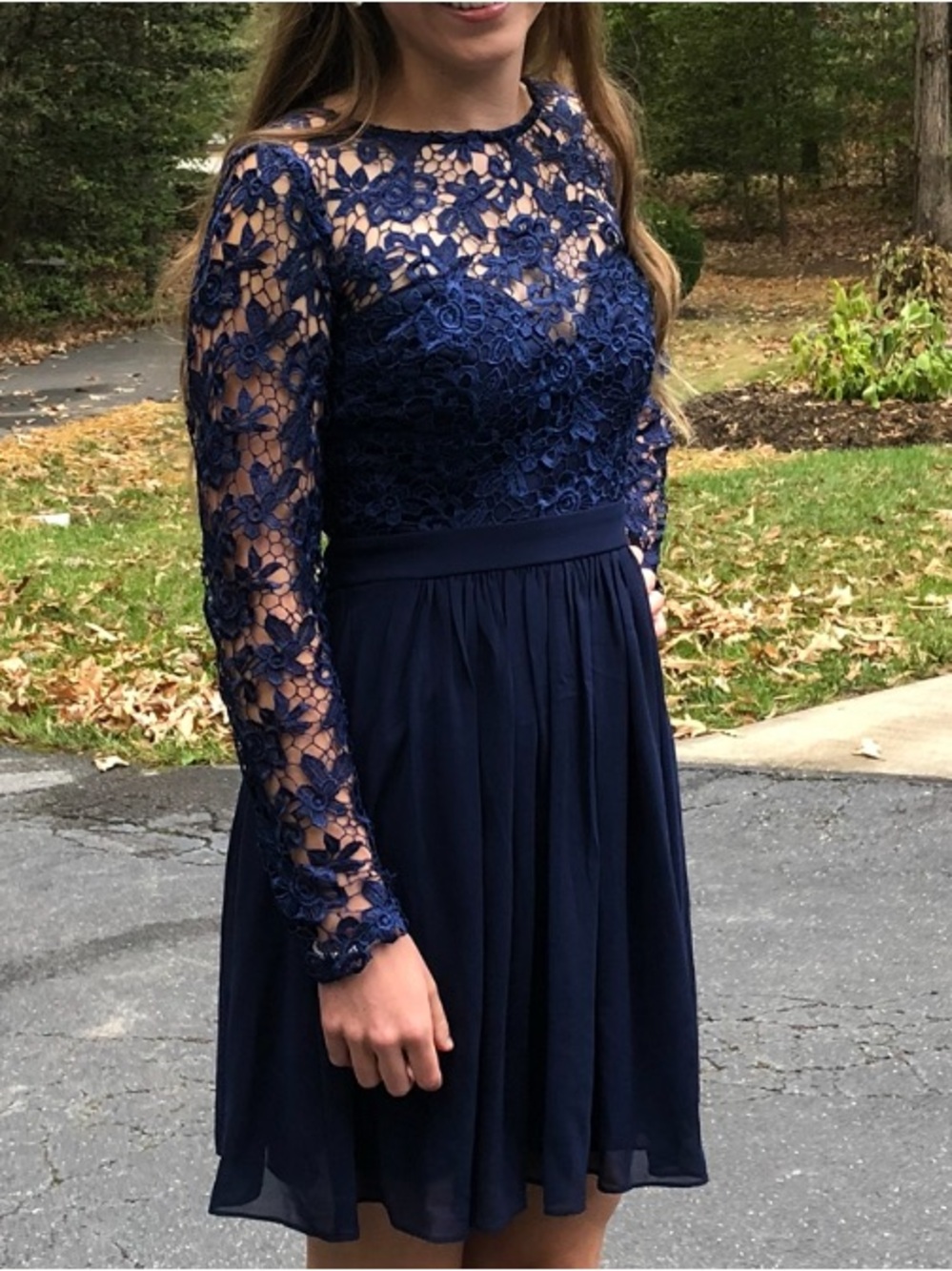 PromGirl Navy Floral Lace Long Sleeve Chiffon Dress